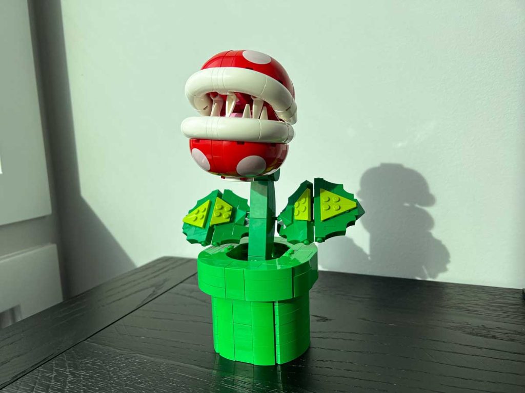 A fully asembled Lego Piranha Plant from Lego set #71426 - part of the Lego Super Mario Collection.