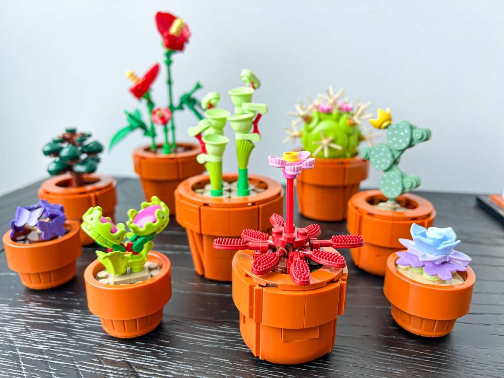 All 9 plants from the Lego Tiny Plants set from the Lego Botanical Collection. The Lego Venus flytrap, sundew and pitcher plant are in the foreground, with the arid and tropical plants blurred in the background.