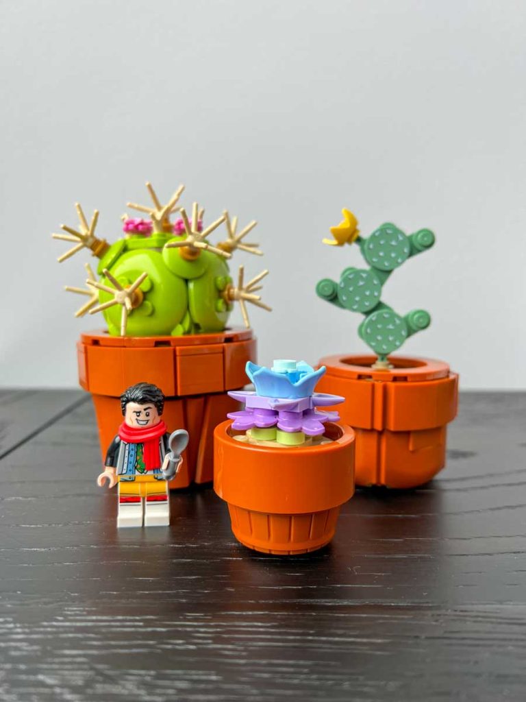 Succulents, Prickly Pear and Pincushion cacti plants all made from Lego in the Lego Tiny Plants set (#10329).